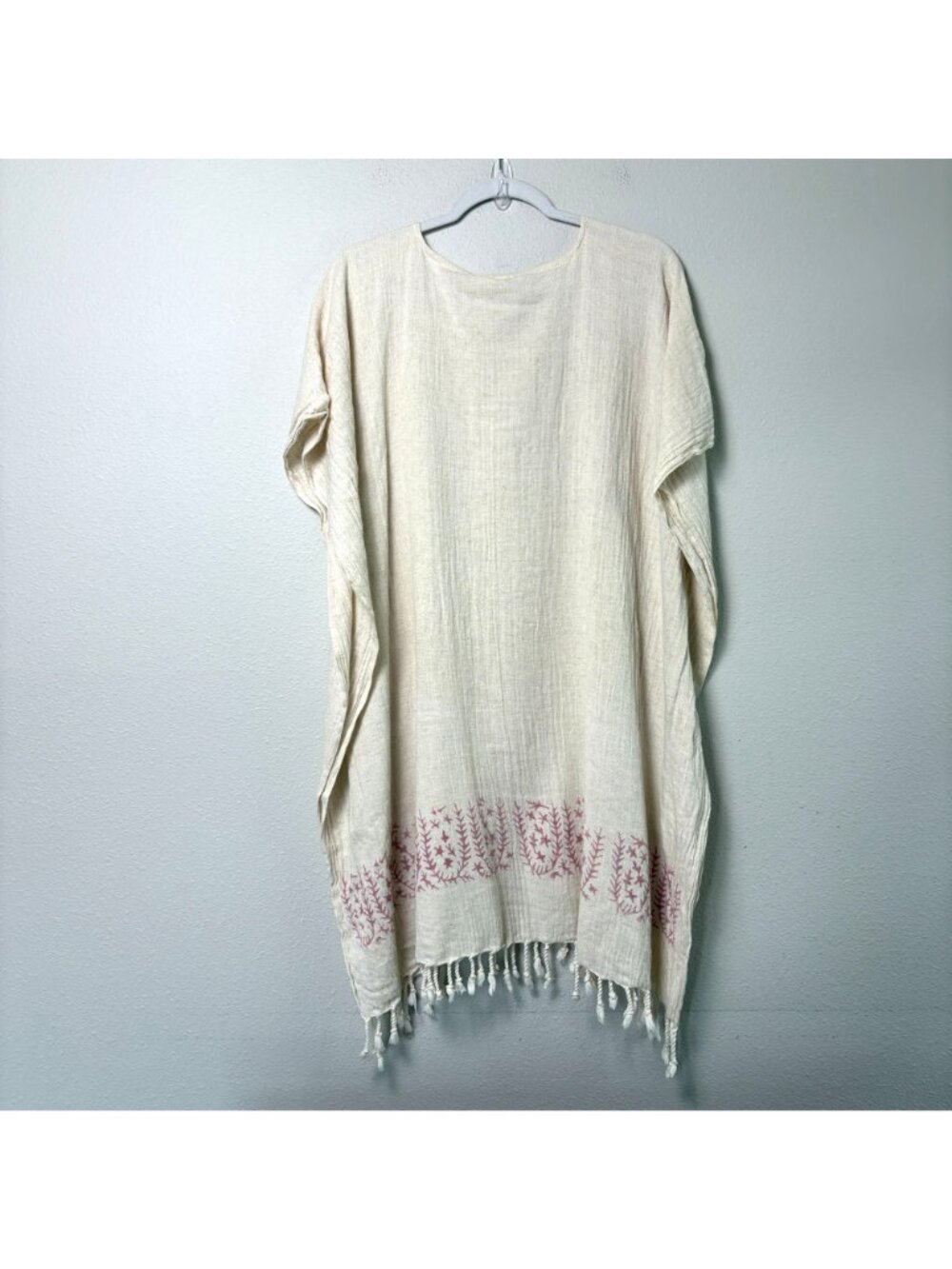 Buldano Poncho Tunic Top Beach Cover Up One Size Cream Pink Tassels Linen Cotton - Picture 3 of 12